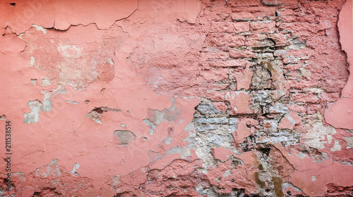Full frame background of a weathered, damaged and plastered wall painted in pink. Plaster is partly peeled off revealing old bricks.