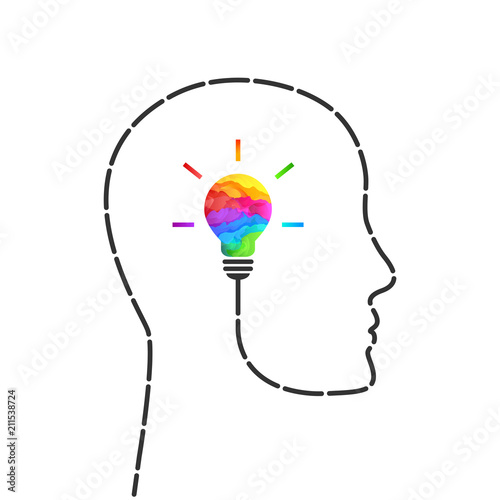 Imagination concept with lightbulb made of colors and profile outline made of dashed line