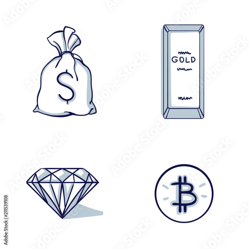 Set of Financial and Money icon. Gold bar, diamond, Bag with money icon, bitcoin. Isolated object. Hand drawn doodle cartoon vector illustration.