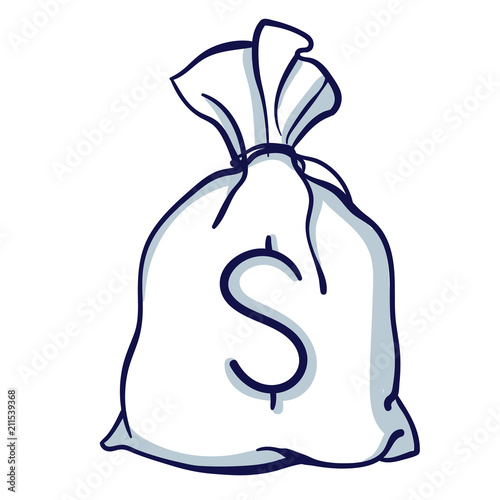 Bag with money icon. Dollar.  Hand drawn doodle cartoon vector illustration.