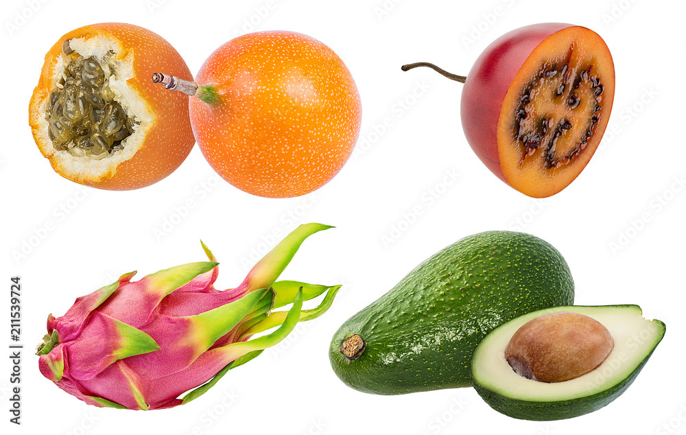 Exotic fruits collage isolated on white background with clipping path set Exotic fruits collage isolated on white background with clipping path set