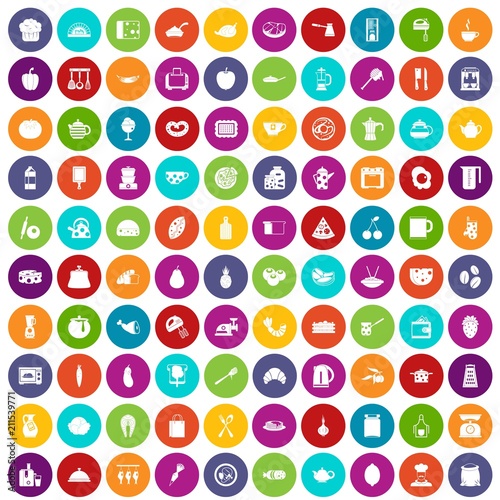 100 cooking icons set in different colors circle isolated vector illustration