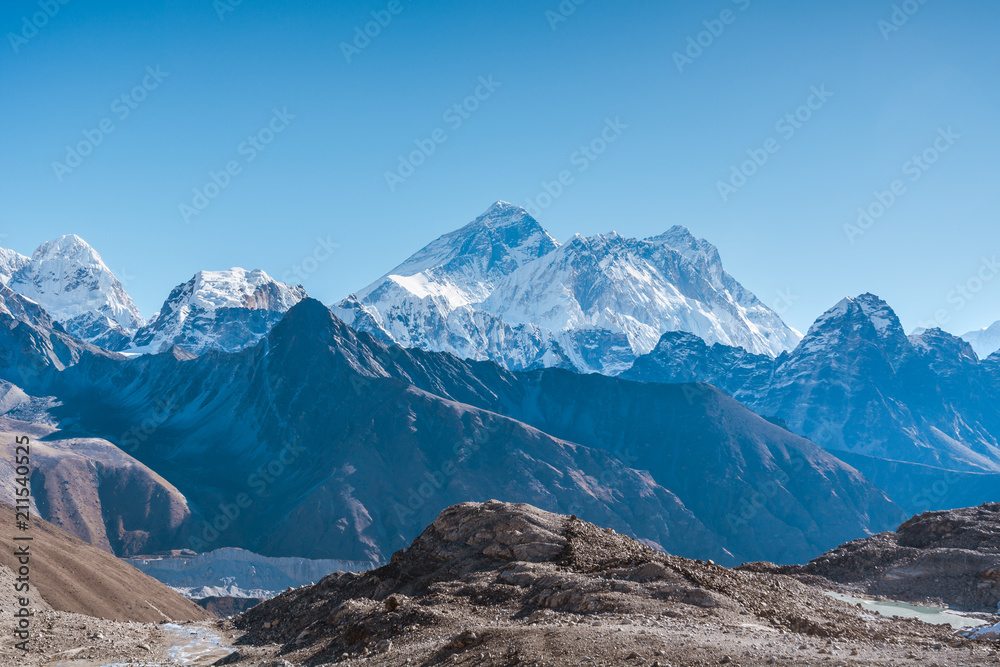 View from Himalayan Mountains such as (from the left) Changtse, Nirekha, Mount Everest and Nuptse from Renjo La, Sagarmatha national park, Everest Base Camp 3 Passes Trek, Nepal