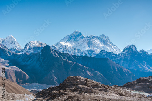 View from Himalayan Mountains such as (from the left) Changtse, Nirekha, Mount Everest and Nuptse from Renjo La, Sagarmatha national park, Everest Base Camp 3 Passes Trek, Nepal