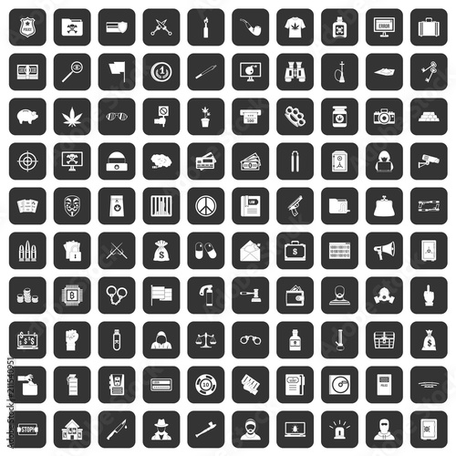 100 criminal offence icons set in black color isolated vector illustration