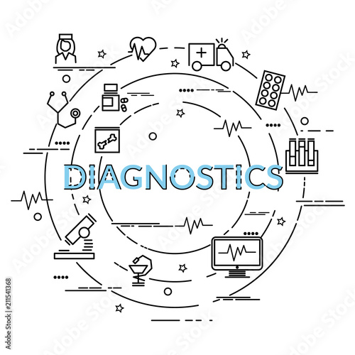 Flat colorful design concept for Diagnostics. Infographic idea of making creative products..Template for website banner, flyer and poster.
