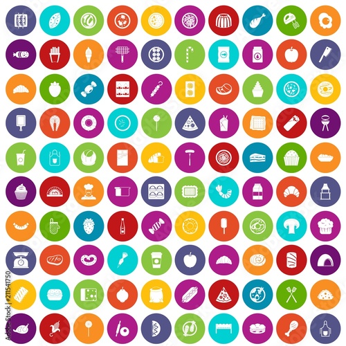 100 delicious dishes icons set in different colors circle isolated vector illustration