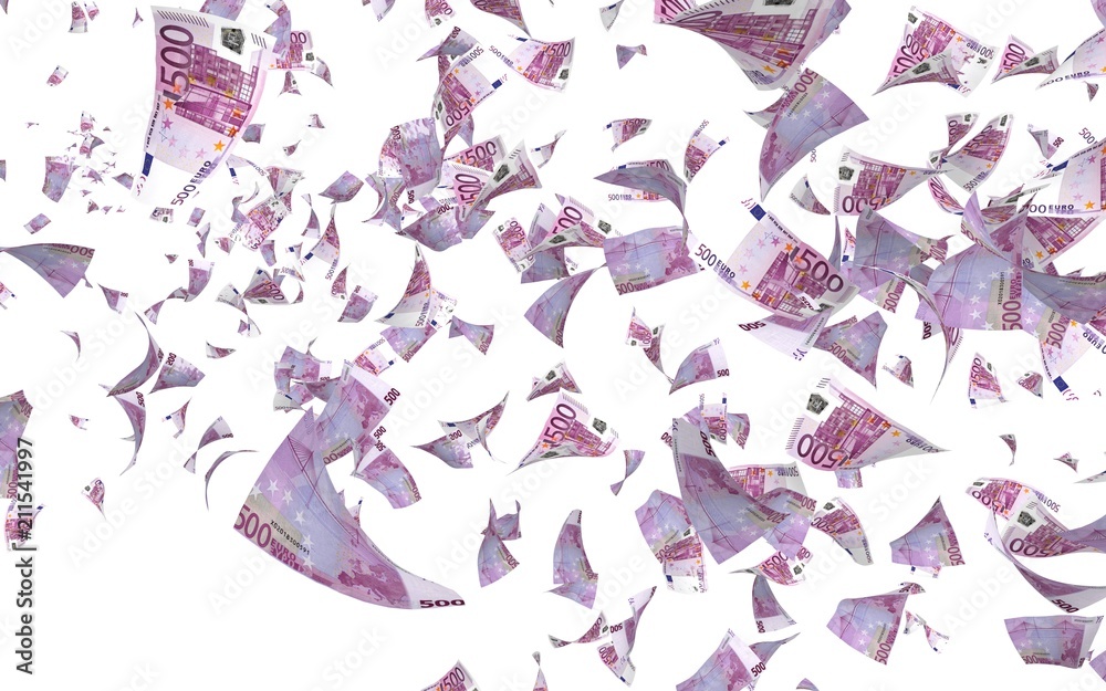 Flying euro banknotes isolated on a white background. Money is flying in the air. 500 EURO in color. 3D illustration