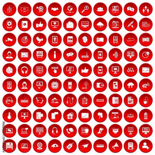 100 communication icons set in red circle isolated on white vectr illustration