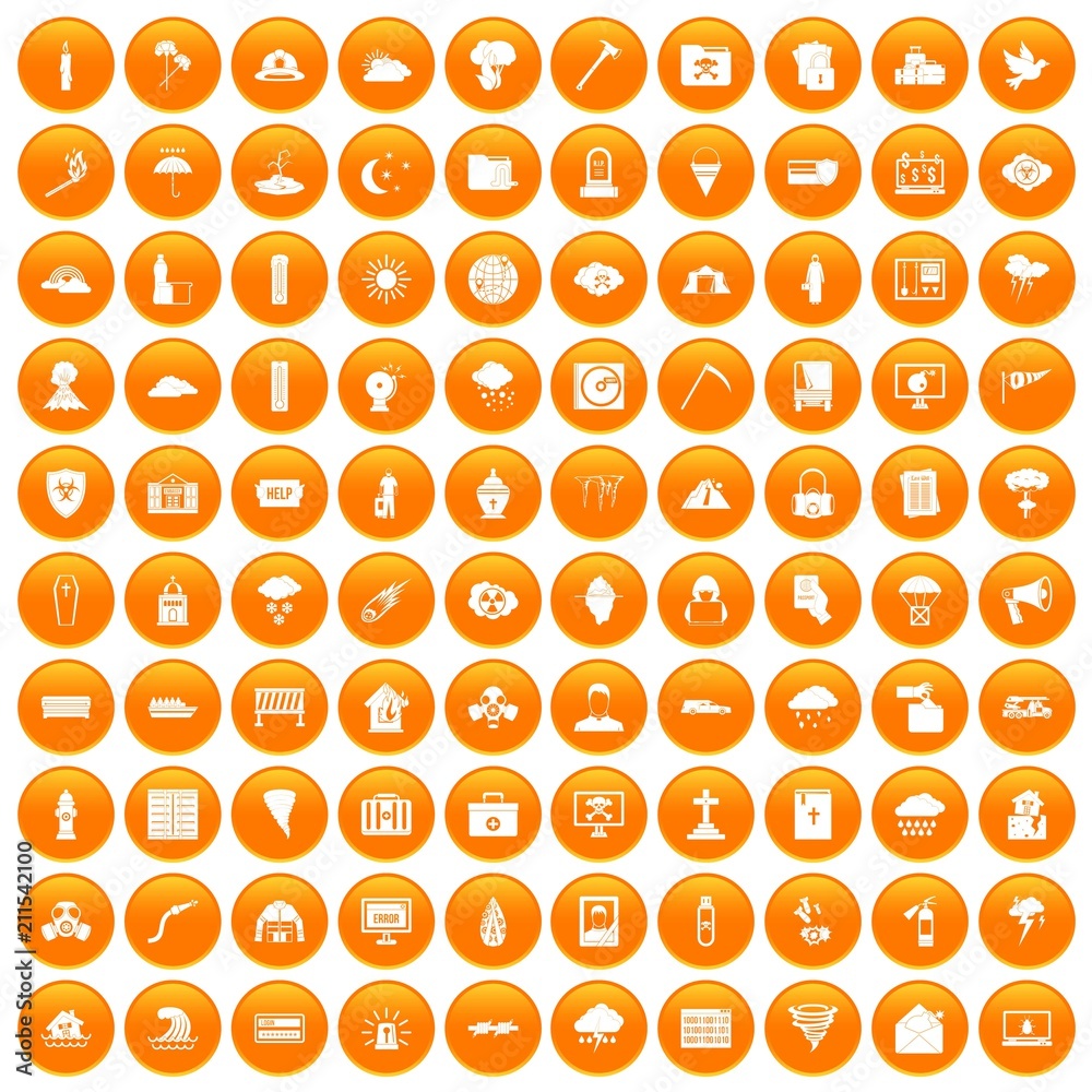 100 natural disasters icons set in orange circle isolated on white vector illustration 100 natural disasters icons set in orange circle isolated on white vector illustration