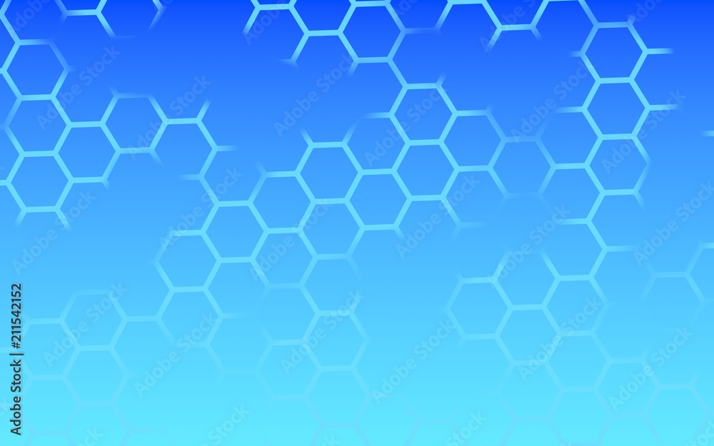 Translucent, with breaks, honeycomb on a gradient blue sky background. Perspective view on polygon look like honeycomb. Isometric geometry. 3D illustration Translucent, with breaks, honeycomb on a gradient blue sky background. Perspective view on polygon look like honeycomb. Isometric geometry. 3D illustration