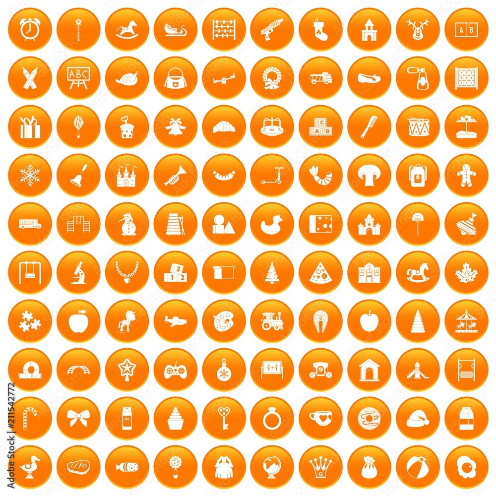 100 nursery school icons set in orange circle isolated on white vector illustration 100 nursery school icons set in orange circle isolated on white vector illustration