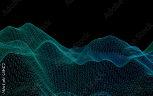 Abstract landscape on a dark background. Cyberspace grid. Hi-tech network. 3D illustration