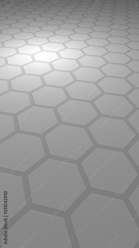 Fototapeta premium Plaster miodu na szarym tle. Widok perspektywiczny na wielokąt wygląda jak plaster miodu. Wytłaczana, wypukła komórka. Geometria izometryczna. Orientacja obrazu w pionie. Ilustracja 3D