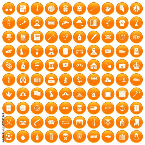 100 offence icons set in orange circle isolated on white vector illustration