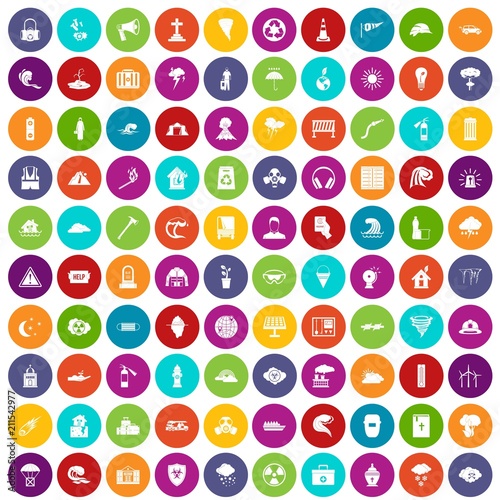 100 disaster icons set in different colors circle isolated vector illustration