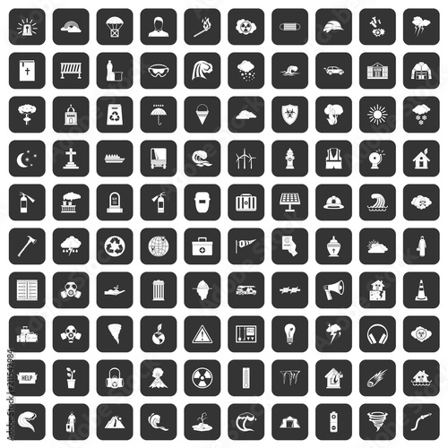 100 disaster icons set in black color isolated vector illustration