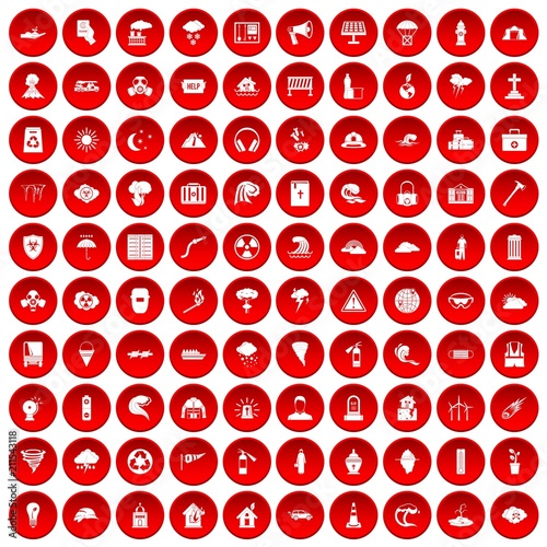 100 disaster icons set in red circle isolated on white vectr illustration