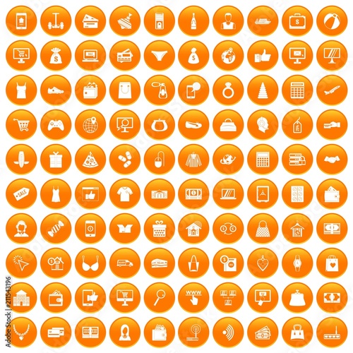 100 online shopping icons set in orange circle isolated on white vector illustration