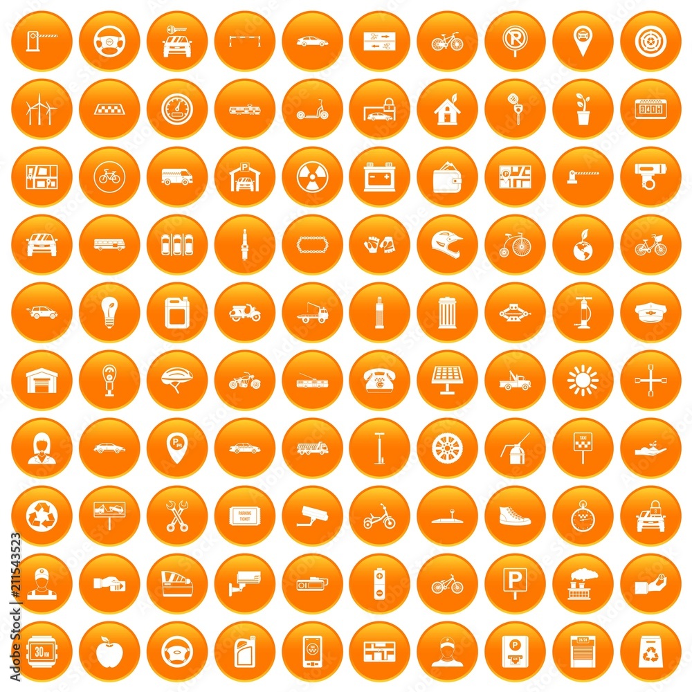 100 parking icons set in orange circle isolated on white vector illustration 100 parking icons set in orange circle isolated on white vector illustration