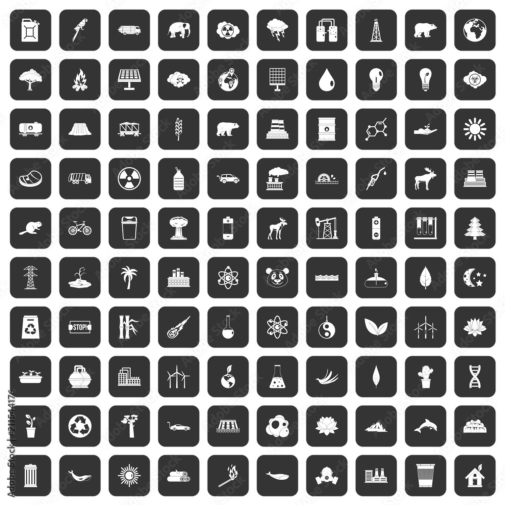 100 eco icons set in black color isolated vector illustration