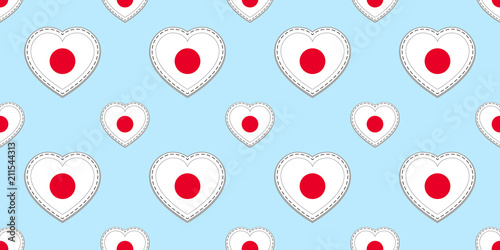 Japan flag seamless pattern. Vector Japanese flags stickers. Love hearts symbols. Texture for language course  sports pages  travel  school  geographic design elements. patriotic wallpaper