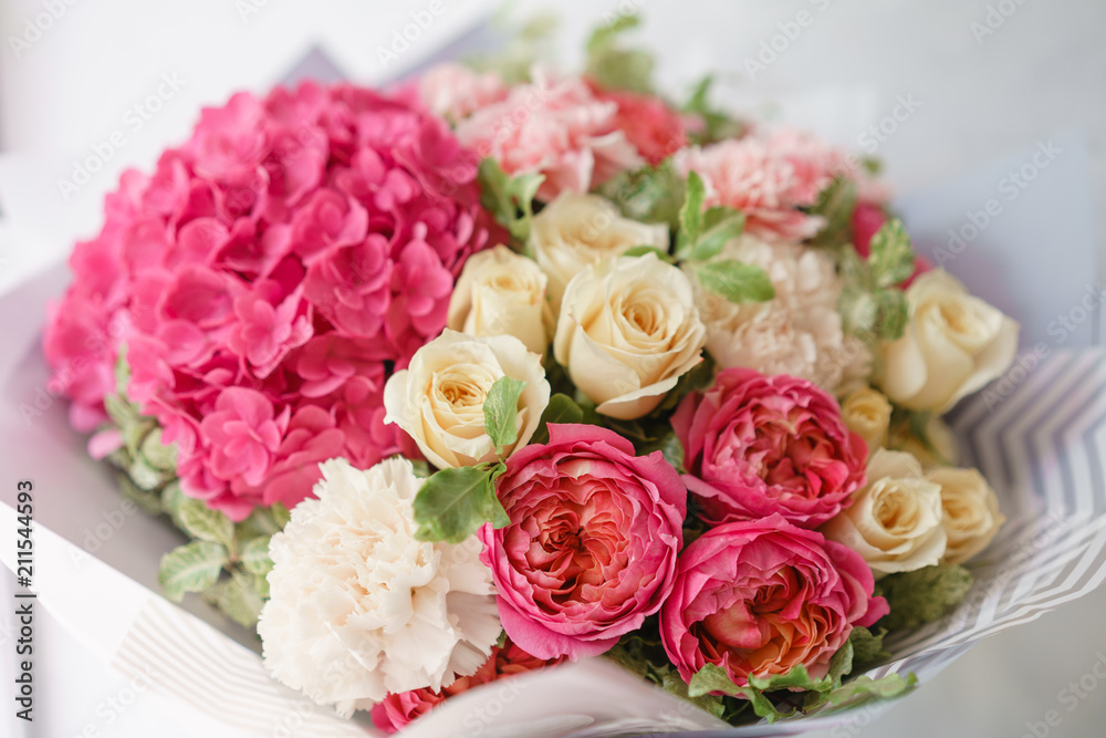 flower arrangement with hydrangea. beautiful summer bouquet. Color light pink. The concept of a flower shop. flower arrangement with hydrangea. beautiful summer bouquet. Color light pink. The concept of a flower shop.