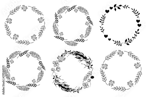 Set of monochrome circle frames. Doodle leaf, flowers and berry wreaths. Ready templates for design, postcards, printing.
