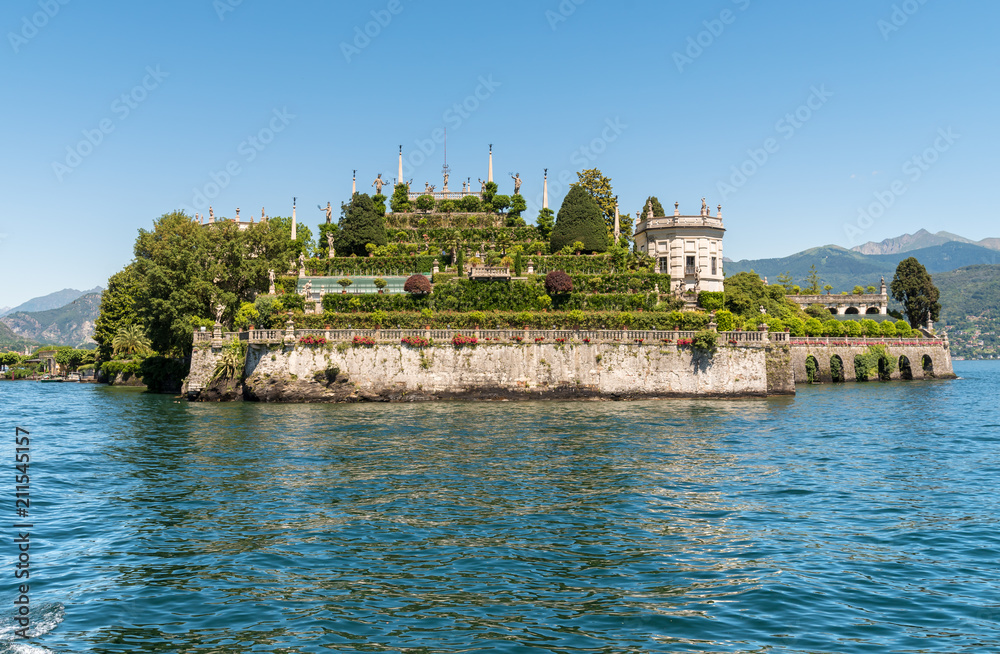 Landscape of lake Maggiore and island Bella or Isola Bella, is one of the Borromean Islands in Piedmont of north Italy