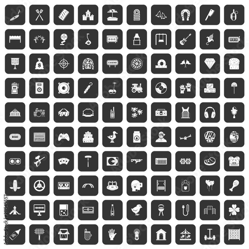 100 entertainment icons set in black color isolated vector illustration