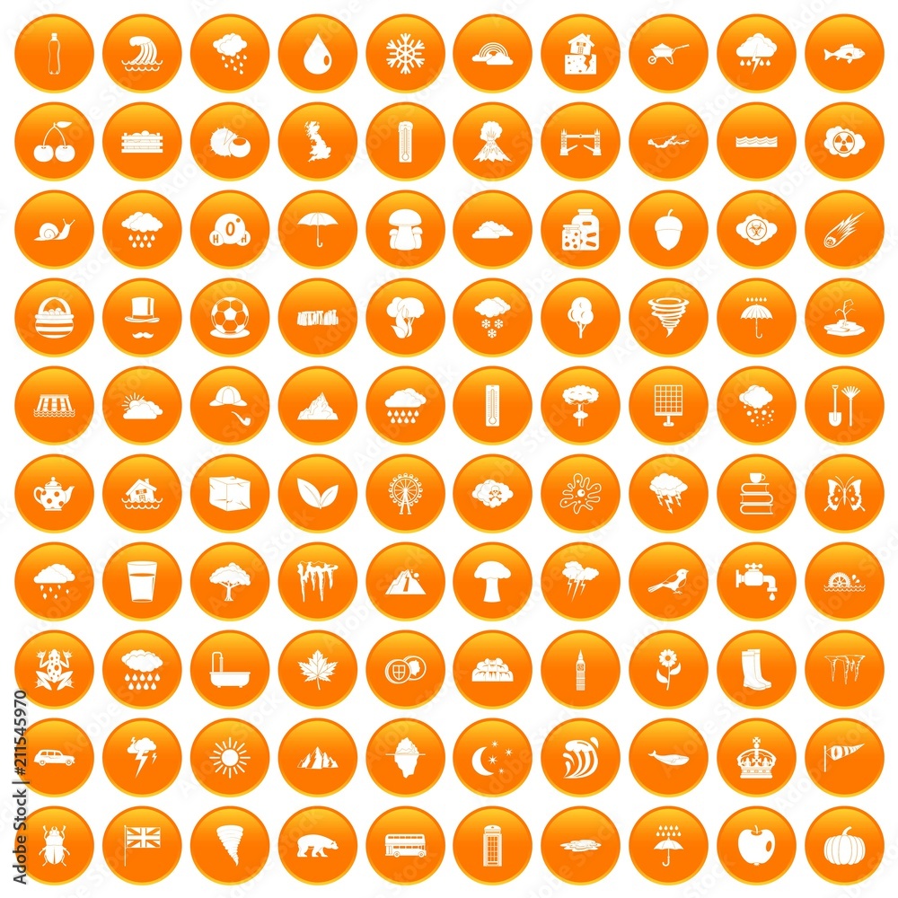 100 rain icons set in orange circle isolated on white vector illustration 100 rain icons set in orange circle isolated on white vector illustration