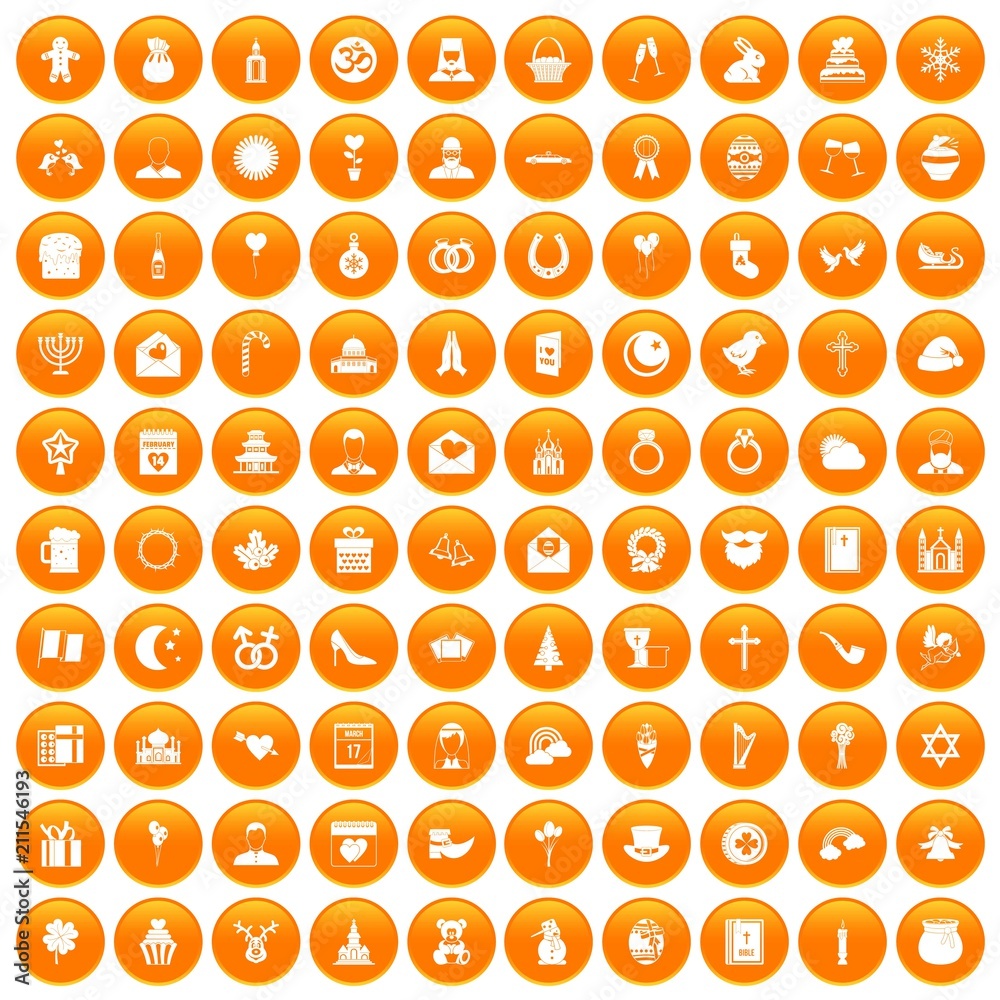 100 religious festival icons set in orange circle isolated on white vector illustration 100 religious festival icons set in orange circle isolated on white vector illustration