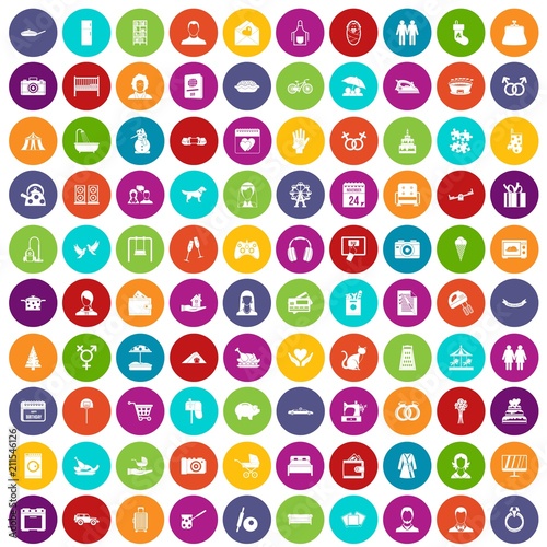 100 family icons set in different colors circle isolated vector illustration