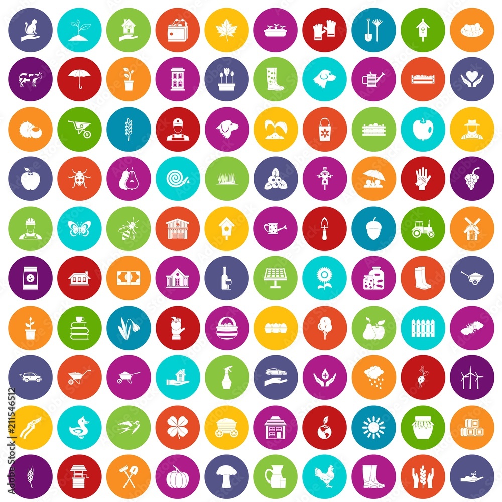 100 farm icons set in different colors circle isolated vector illustration