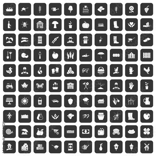 100 farm icons set in black color isolated vector illustration