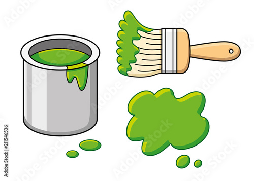 Green paint brush with stroke or splash blot and bucket can isolated.