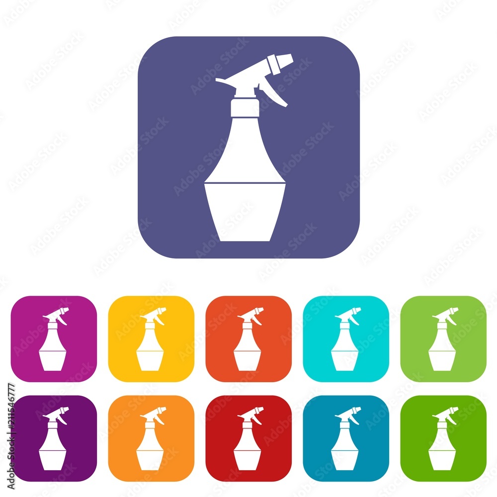 Spray bottle for flower icons set vector illustration in flat style in colors red, blue, green, and other Spray bottle for flower icons set vector illustration in flat style in colors red, blue, green, and other
