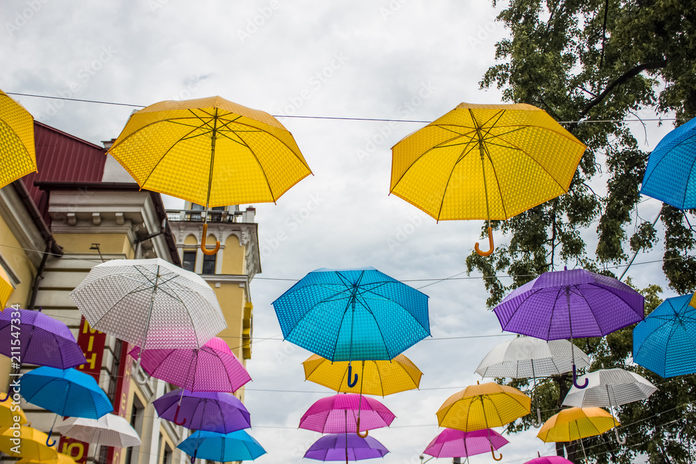 urban city outdoor street decoration concept with colorful umbrellas