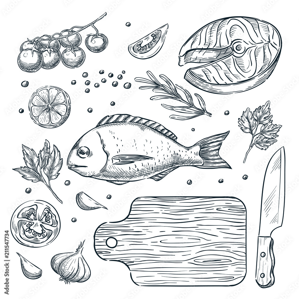 Cooking fish dorado and salmon steak, vector sketch illustration