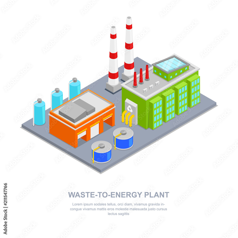 Waste plant vector 3d isometric illustration. Garbage recycling factory industrial building