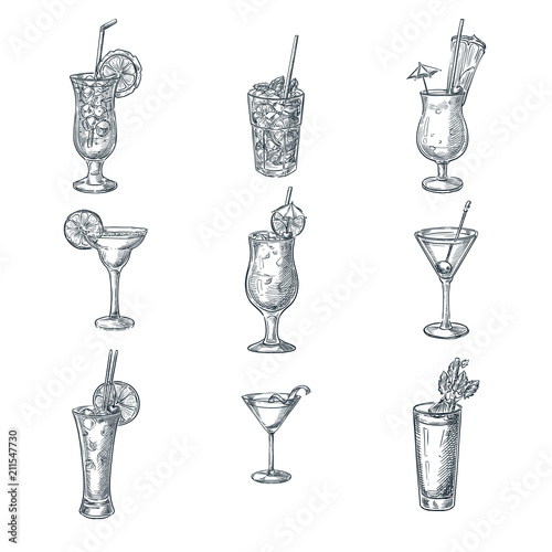 Alcohol cocktails sketch vector illustration. Set of isolated hand drawn beverages and drinks. Bar menu design elements