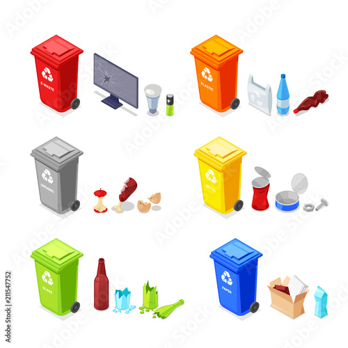 Sorting and recycling waste. Garbage baskets and plastic, organic, glass waste products. Vector 3d isometric icons set.