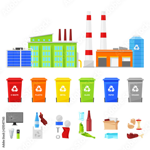Sorting and recycling waste, vector flat illustration. Waste plant, plastic, organic, glass garbage, multicolor baskets