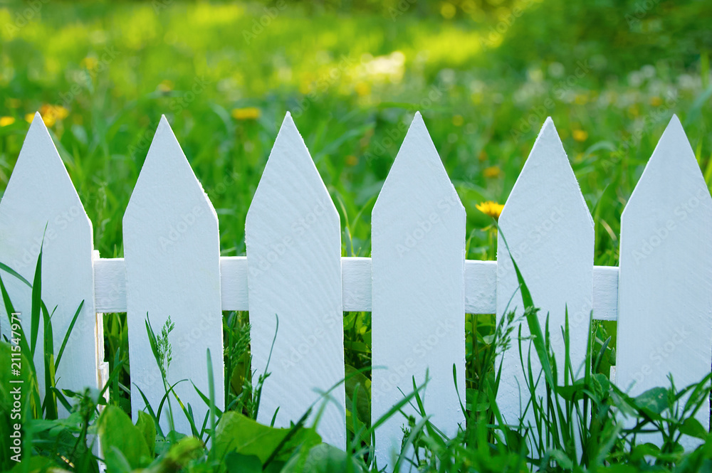 White fence on a background of green grass in summer. White fence on a background of green grass in summer.