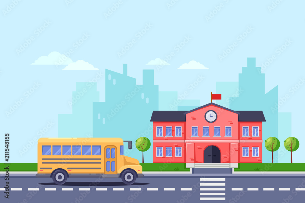 Back to school, vector flat illustration. School building and yellow bus on road. Education background