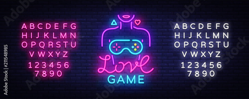 Video Games Vector Conceptual Logo. Love Game neon sign, modern trend design, bright vector illustration, promotional character games, light banner. Vector Illustration. Editing text neon sign