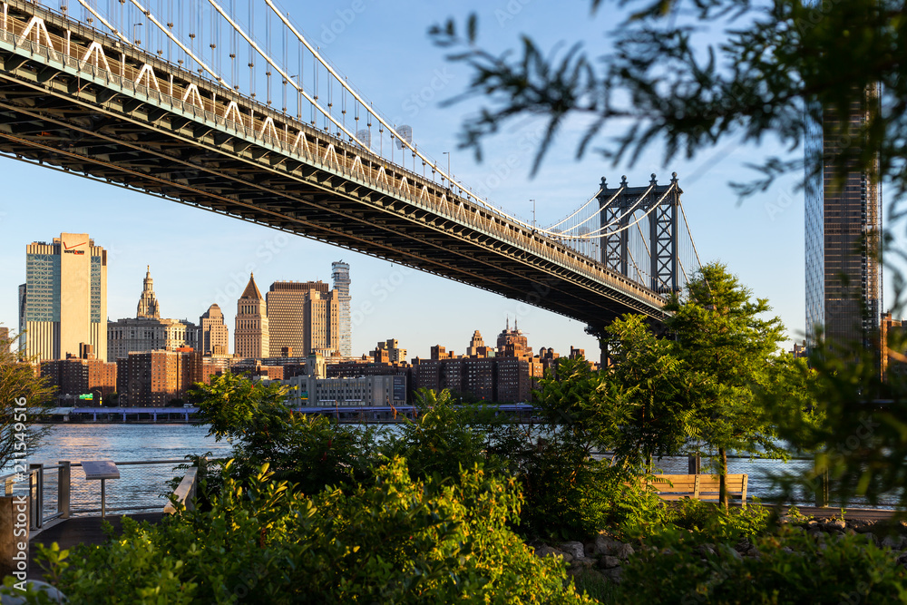Obraz premium New York City / USA - JUN 25 2018: Brooklyn Bridge Park with Lower Manhattan skyline at sunrise