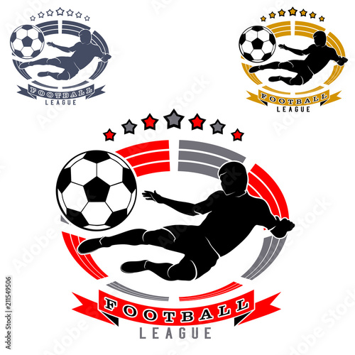 Soccer logo with football player silhouette and ball on stadium or arena background, black-red, black-yellow and monochrome image