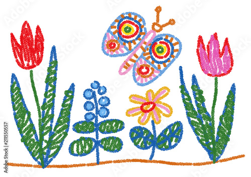 Child drawing styled flowers and butterfly. Wax crayon like vector graphic on separated, colorable white background. The elements can be rearranged independently of each other.