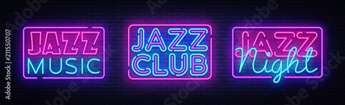 Jazz Music neon signs collection vector. Jazz Music design template neon sign, light banner, neon signboard, nightly bright advertising. Vector illustration